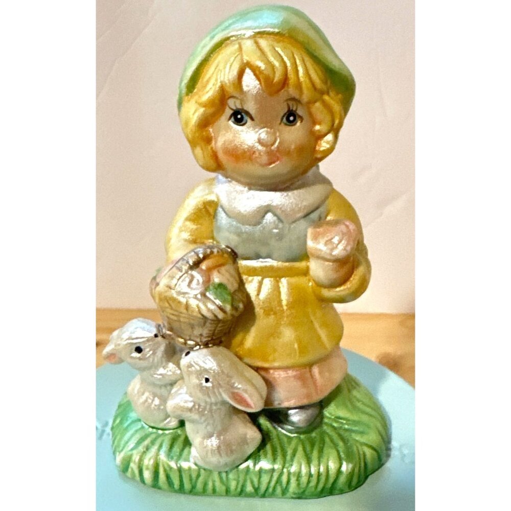 Vintage Kitsch Country Girl Figurine Porcelain Cottagecore Folksy Bunnies